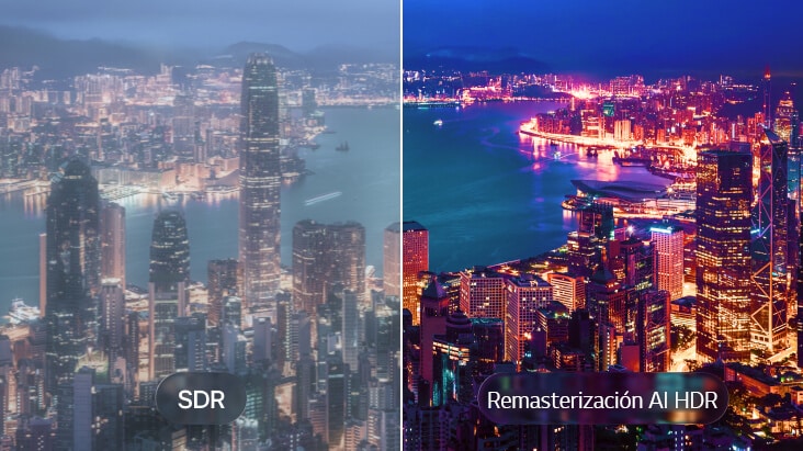 Se muestra el LG OLED evo AI G6 con Remasterización AI HDR en una comparación de paisaje urbano dividida, con SDR a la izquierda y AI HDR Remastering a la derecha, mostrando luces de ciudad más brillantes, un contraste más profundo y detalles más vívidos en toda la escena.